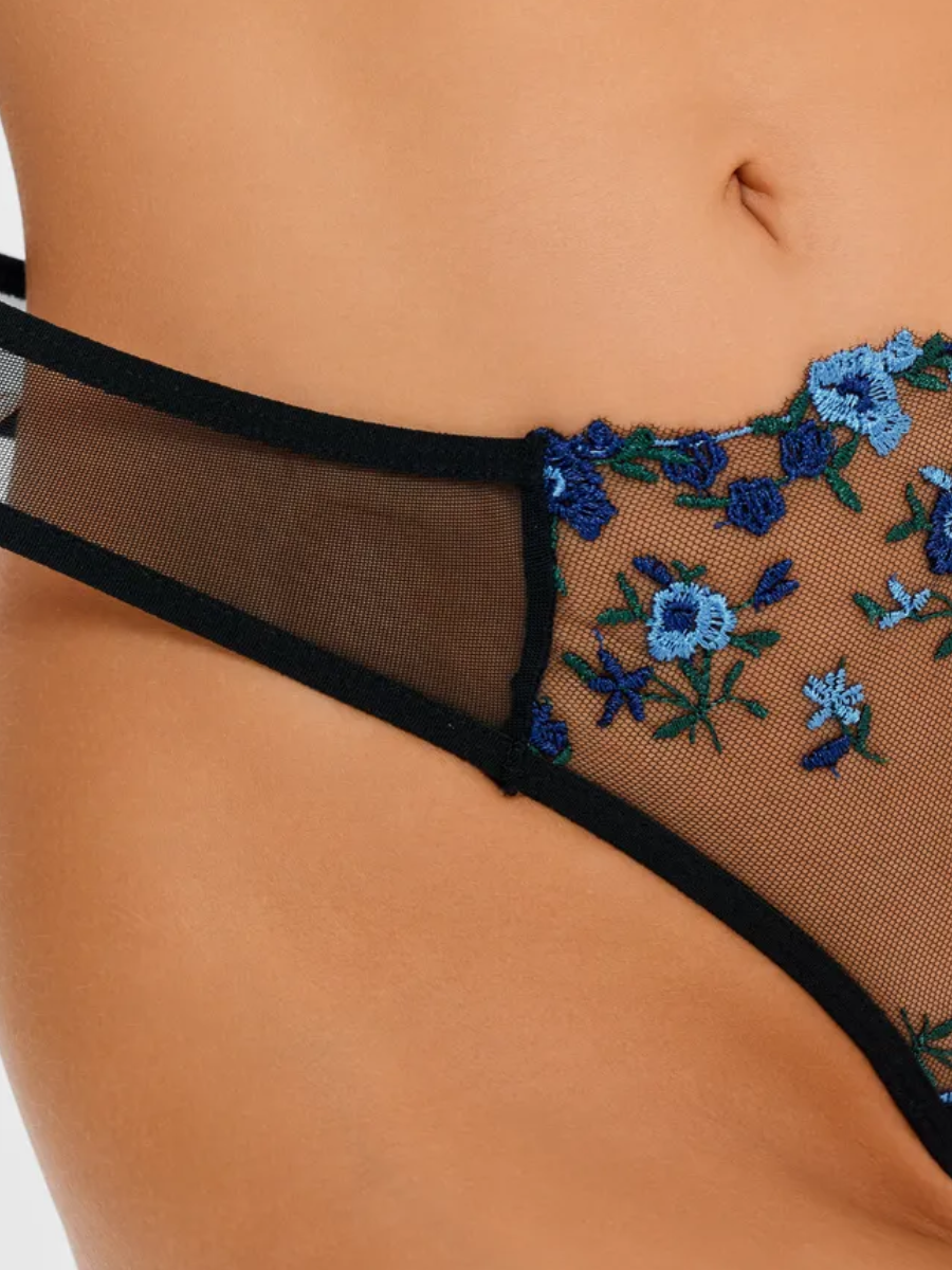 Black Sheer Lingerie Set with Blue Floral Embroidery Jasmine's Boutique Australia