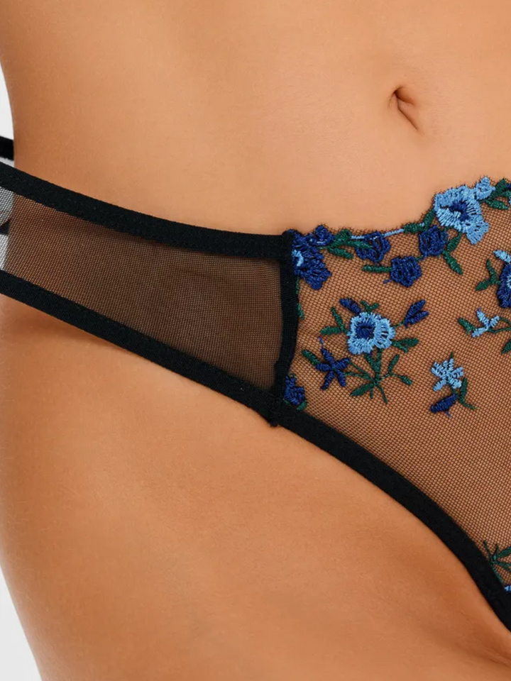 Black Sheer Lingerie Set with Blue Floral Embroidery Jasmine's Boutique Australia