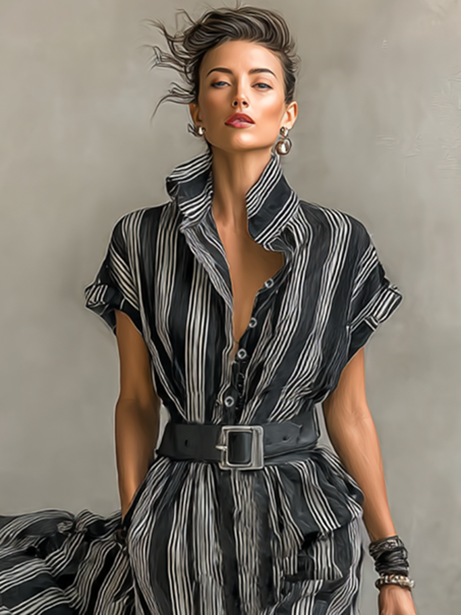 Maxi Striped Chiffon Dress with Collar and Short Sleeves for Women with Belt Jasmine's Boutique Australia