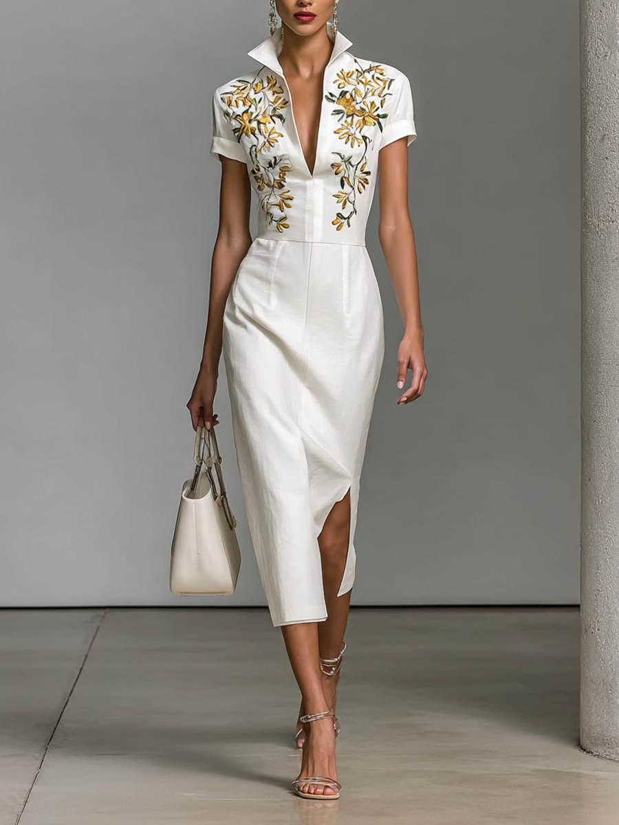 Embroidered Midi Dress for Women with V-Neck and Short Sleeves Jasmine's Boutique Australia