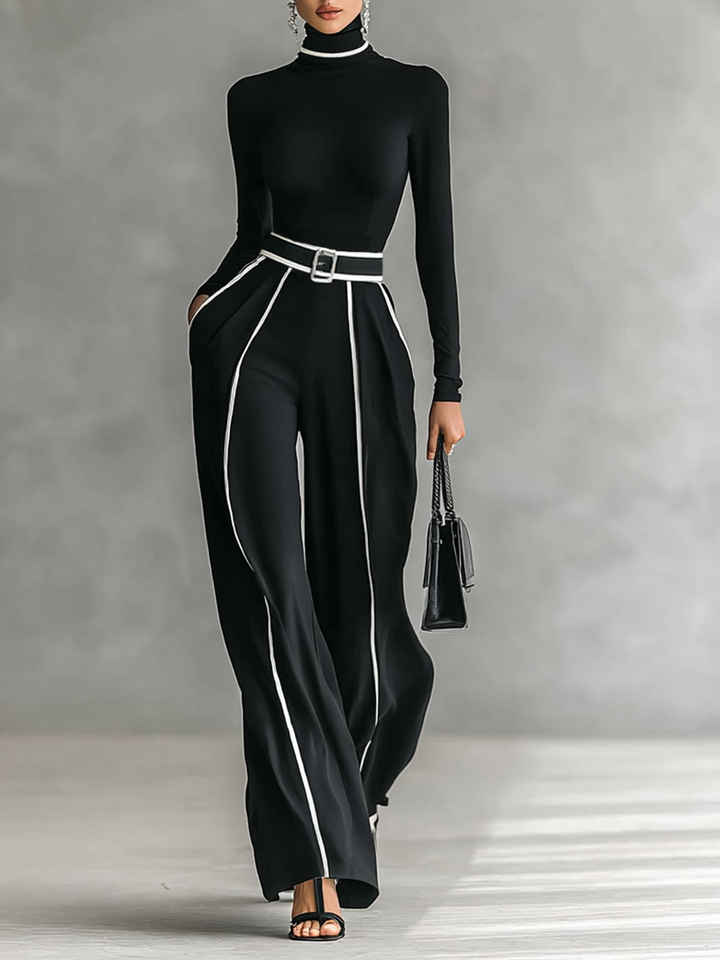 Two-piece women's set with high-neck long-sleeve top, wide-leg pants, and belt Jasmine's Boutique Australia