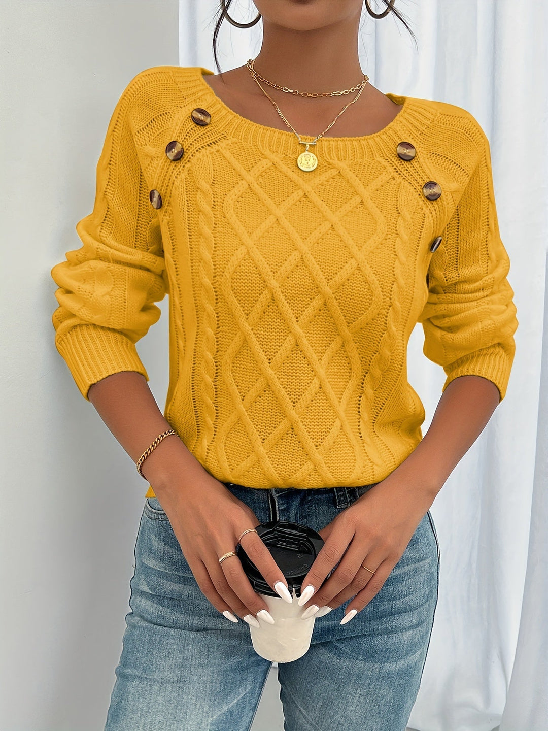 Bella | Cable Knit Jumper  Liora Lane Boutique  Yellow / UK 18-20 (2XL) 39.95