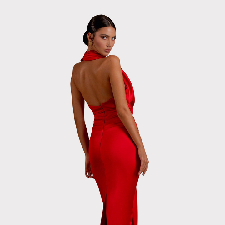 Carmella | Satin Halter Neck Backless Maxi Dress Liora Lane Boutique