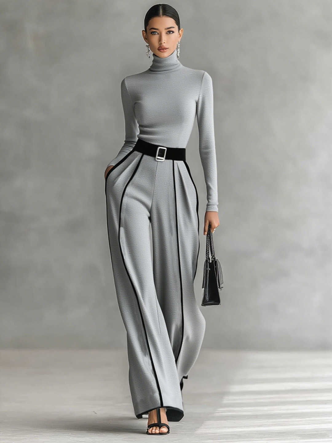 Two-piece women's set with high-neck long-sleeve top, wide-leg pants, and belt Jasmine's Boutique Australia