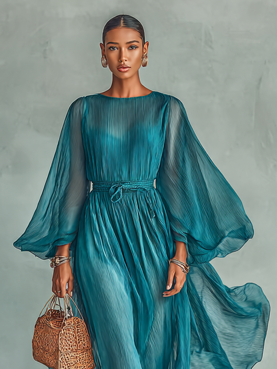 Maxi Chiffon Dress with Round Neck and Long Sleeves for Women, with Adjustable Waist Jasmine's Boutique Australia
