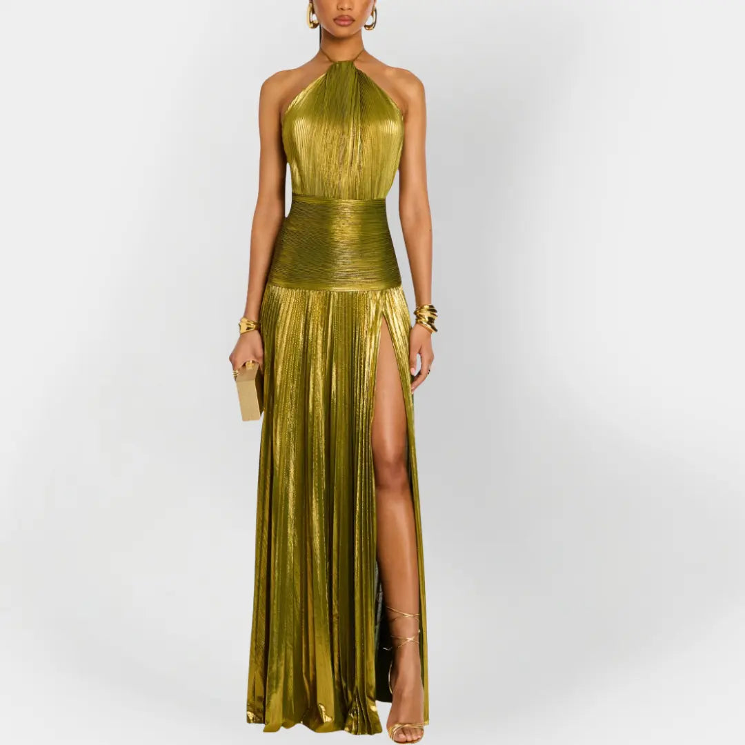 Long Metallic Dress with Neck Tie and Slit Jasmine's Boutique Australia