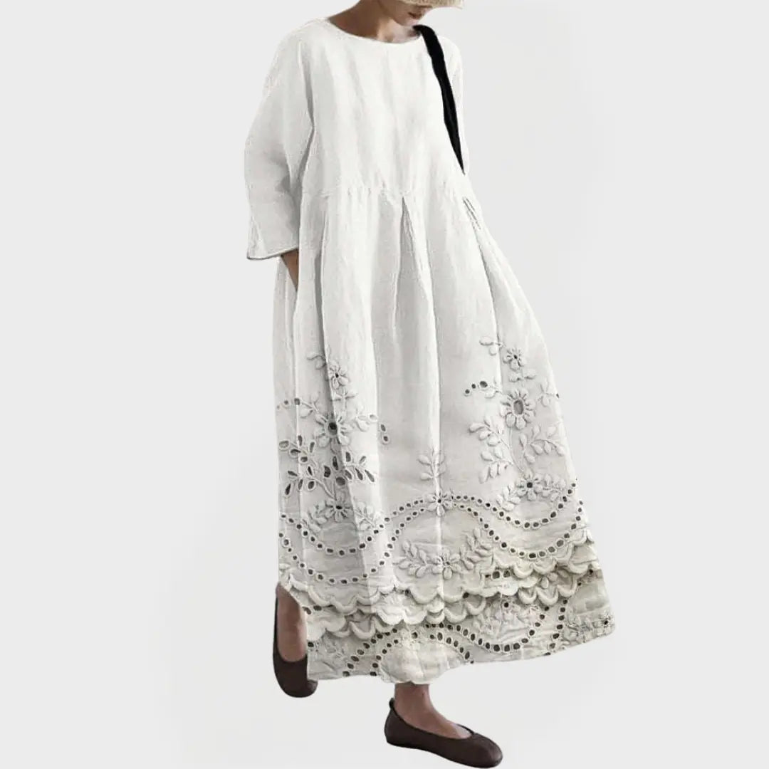 Elegant Maxi Dress in Linen with Embroidered Floral Lace Jasmine's Boutique Australia