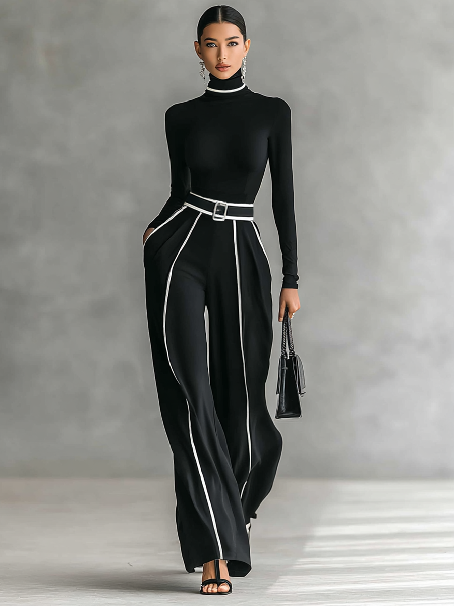 Two-piece women's set with high-neck long-sleeve top, wide-leg pants, and belt Jasmine's Boutique Australia