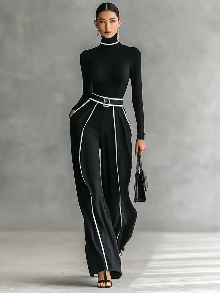 Two-piece women's set with high-neck long-sleeve top, wide-leg pants, and belt Jasmine's Boutique Australia
