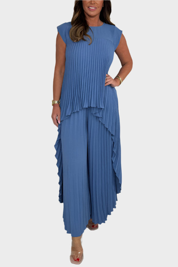 Set with Pleated Top with Short Sleeves and Irregular Midi Length, Wide-Leg Pants with Elastic Waist Jasmine's Boutique Australia