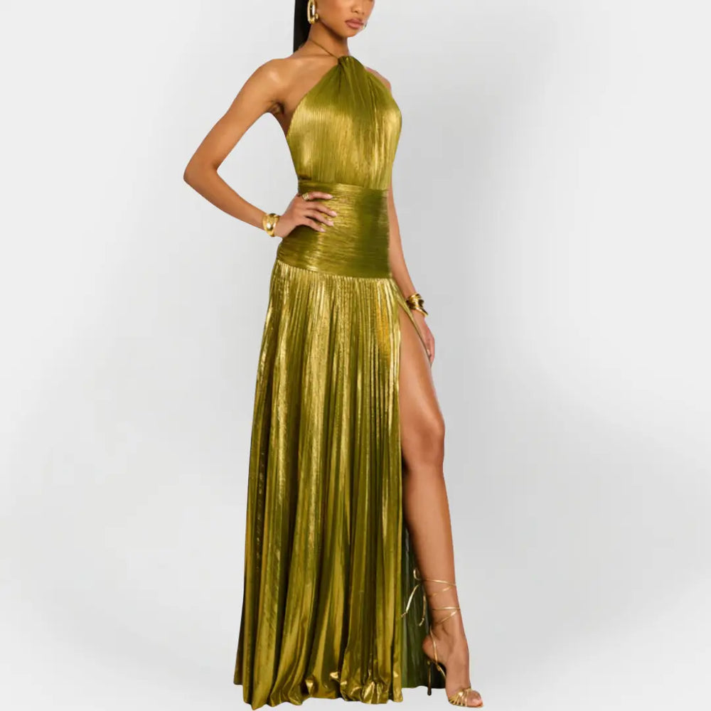Long Metallic Dress with Neck Tie and Slit Jasmine's Boutique Australia
