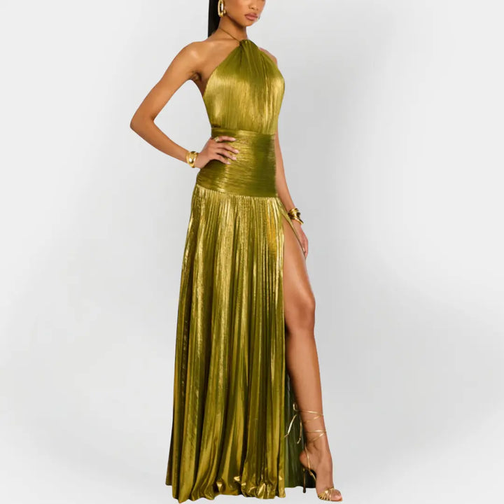 Long Metallic Dress with Neck Tie and Slit Jasmine's Boutique Australia