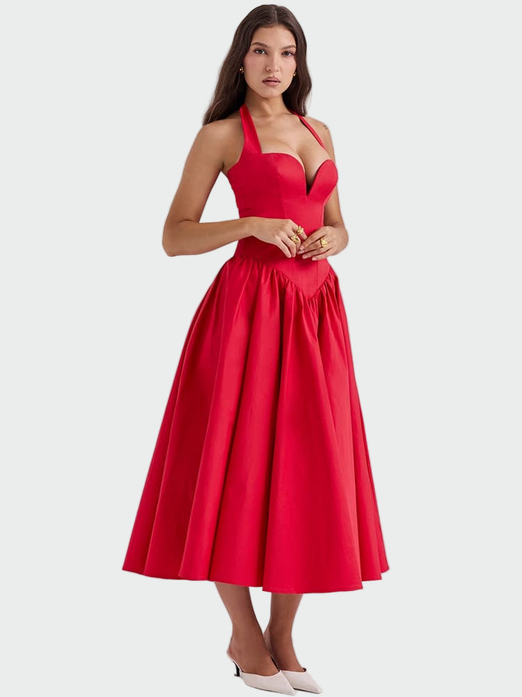 Elissara™ | Scarlet Red Halter Neck Midi Dress Jasmine's Boutique Australia