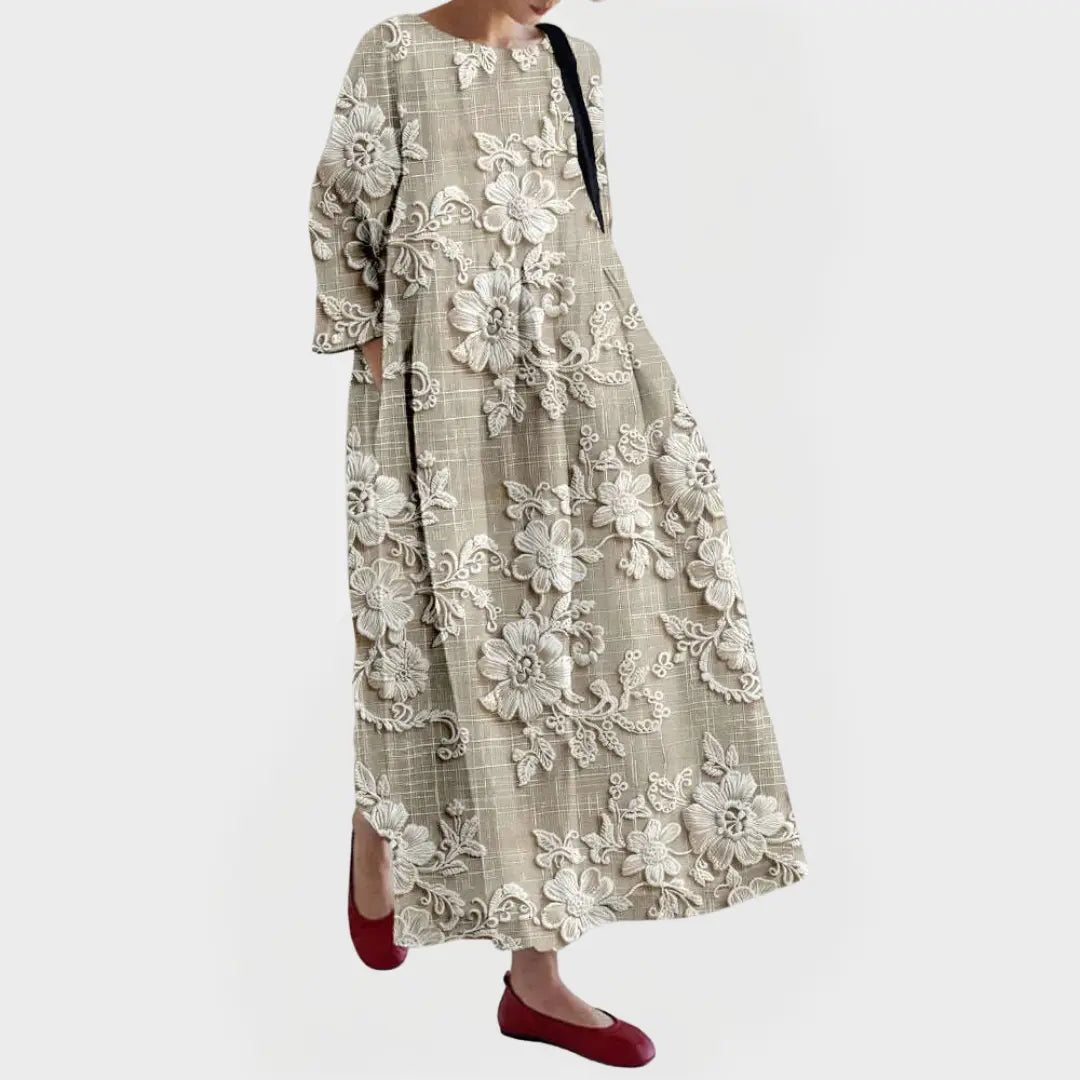 Elegant Maxi Dress in Linen with Embroidered Floral Lace Jasmine's Boutique Australia
