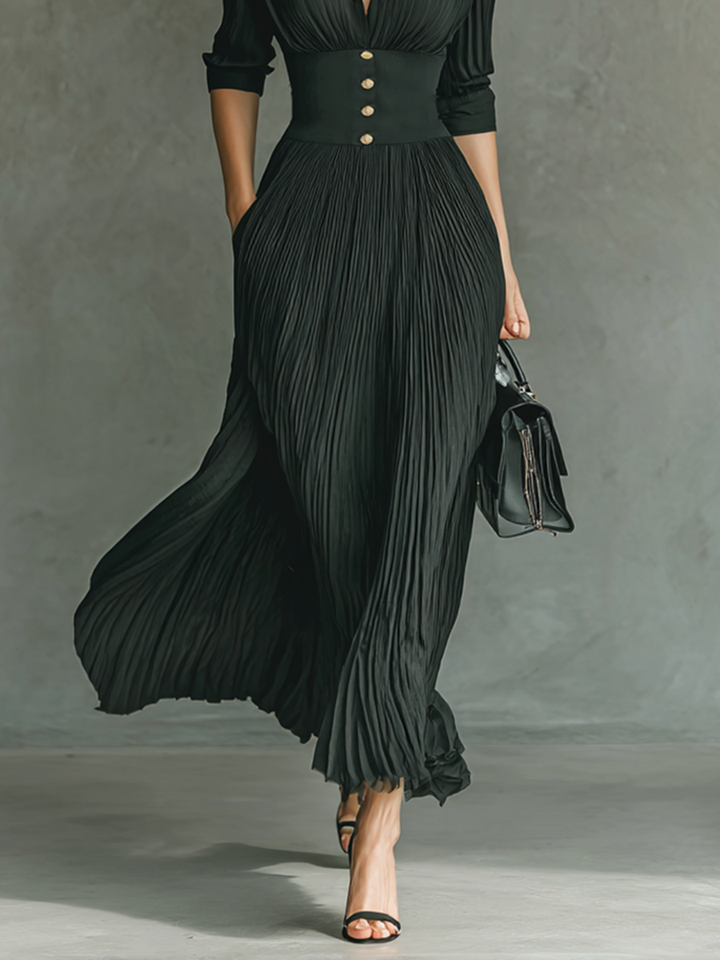 Long Maxi Dress with Long Sleeves, Notched Collar, and Pleats Jasmine's Boutique Australia