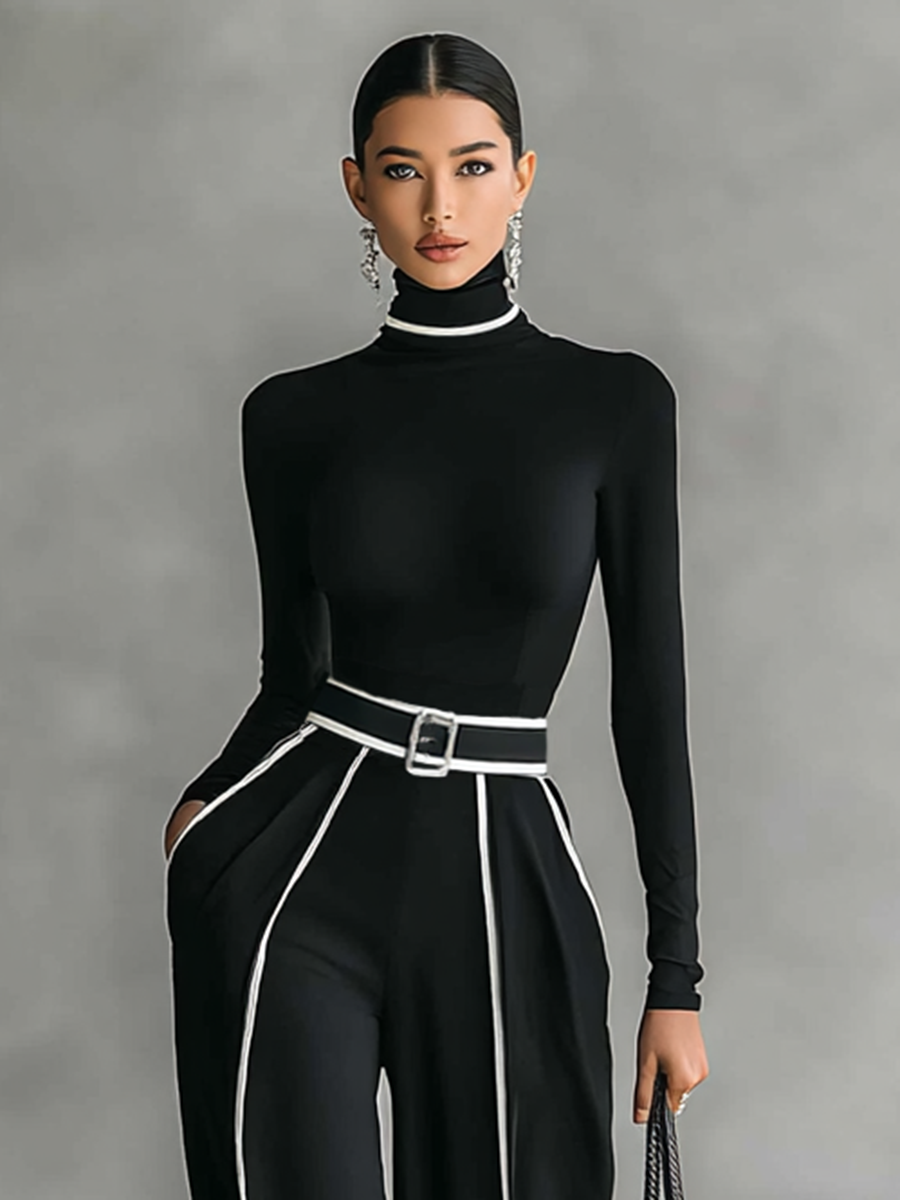 Two-piece women's set with high-neck long-sleeve top, wide-leg pants, and belt Jasmine's Boutique Australia