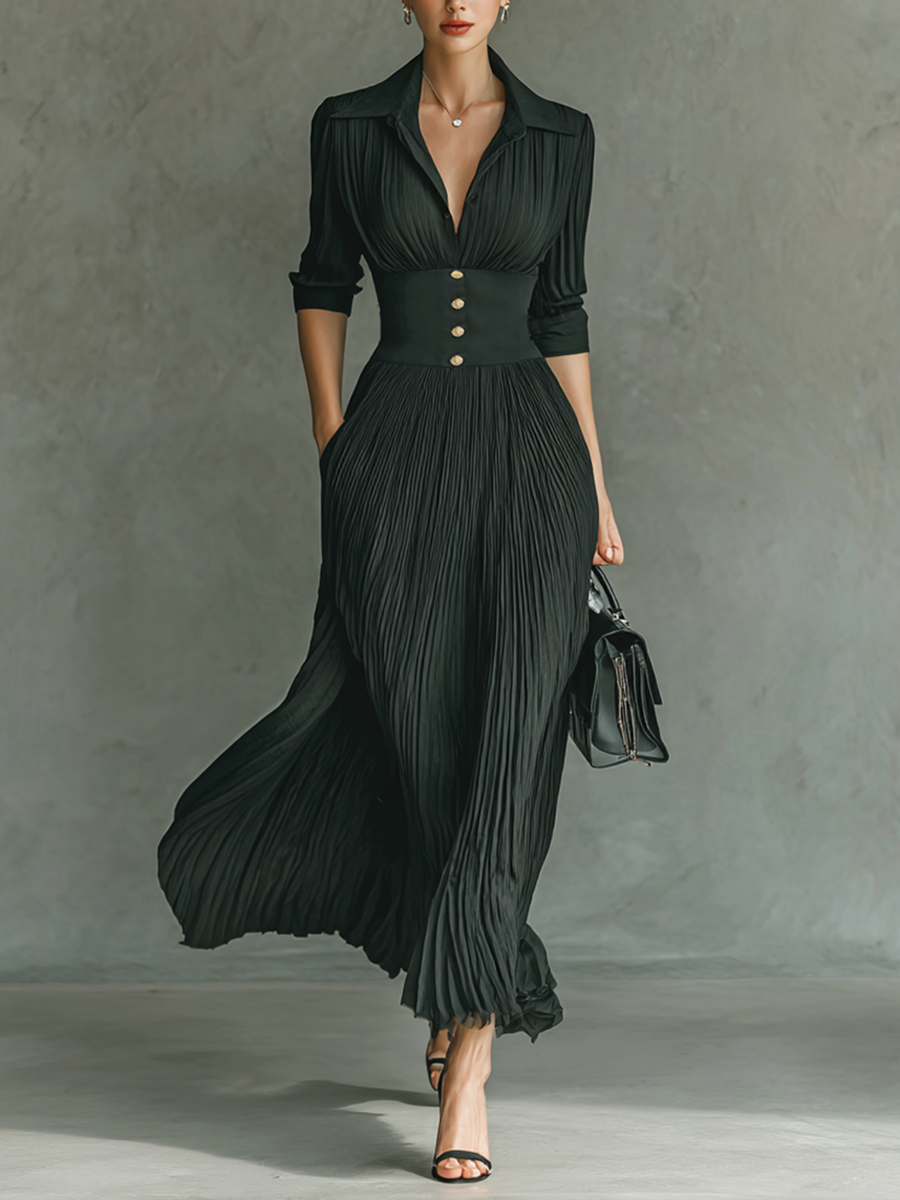 Long Maxi Dress with Long Sleeves, Notched Collar, and Pleats Jasmine's Boutique Australia
