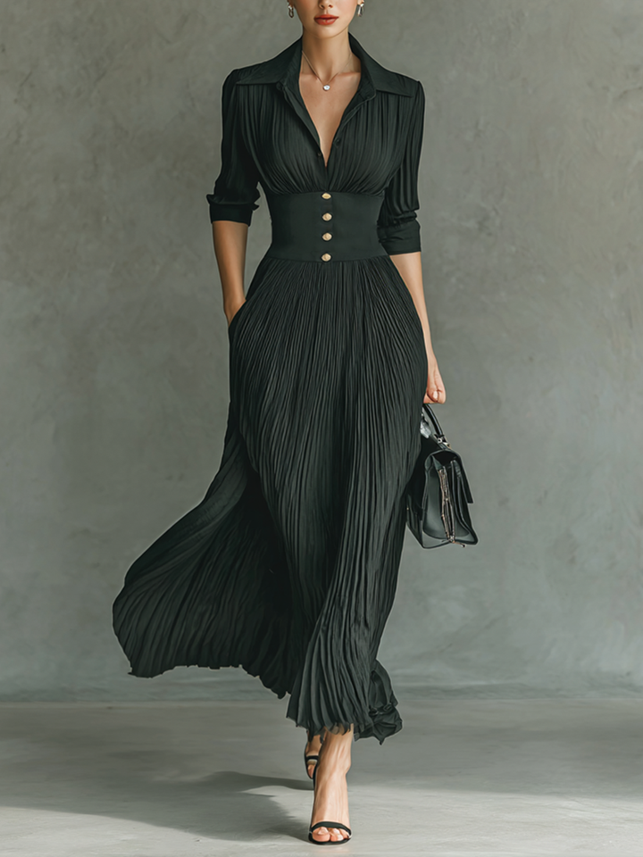 Long Maxi Dress with Long Sleeves, Notched Collar, and Pleats Jasmine's Boutique Australia