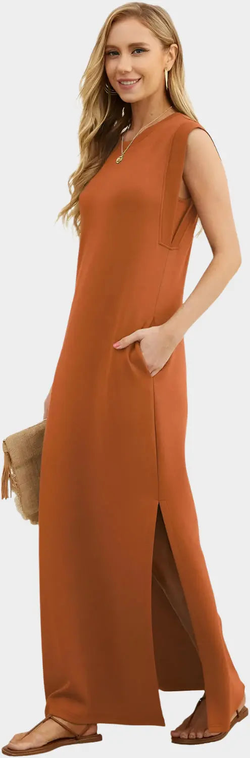 2025 Women Year-Round Casual Round Neck Loose Split Wrinkle-Free Long Maxi Vacation Dress with Pockets Jasmine's Boutique Australia
