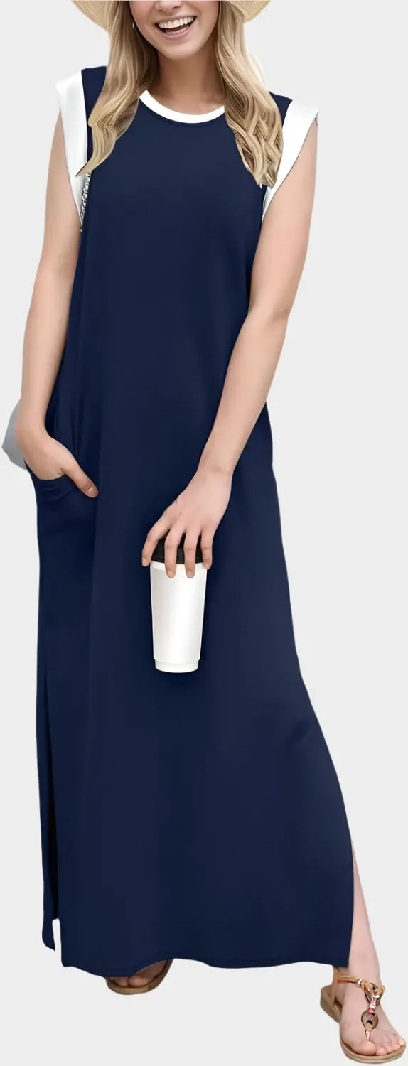 2025 Women Year-Round Casual Round Neck Loose Split Wrinkle-Free Long Maxi Vacation Dress with Pockets Jasmine's Boutique Australia