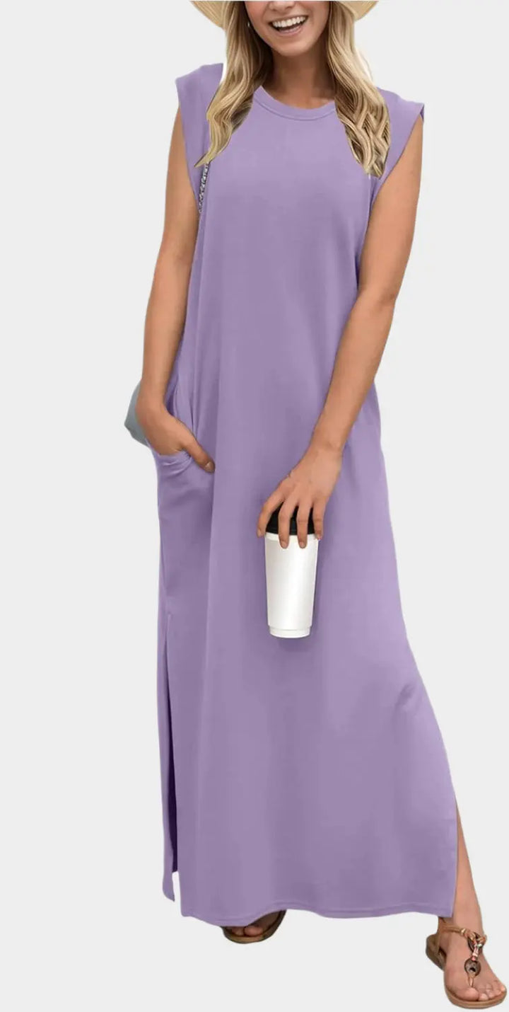 2025 Women Year-Round Casual Round Neck Loose Split Wrinkle-Free Long Maxi Vacation Dress with Pockets Jasmine's Boutique Australia