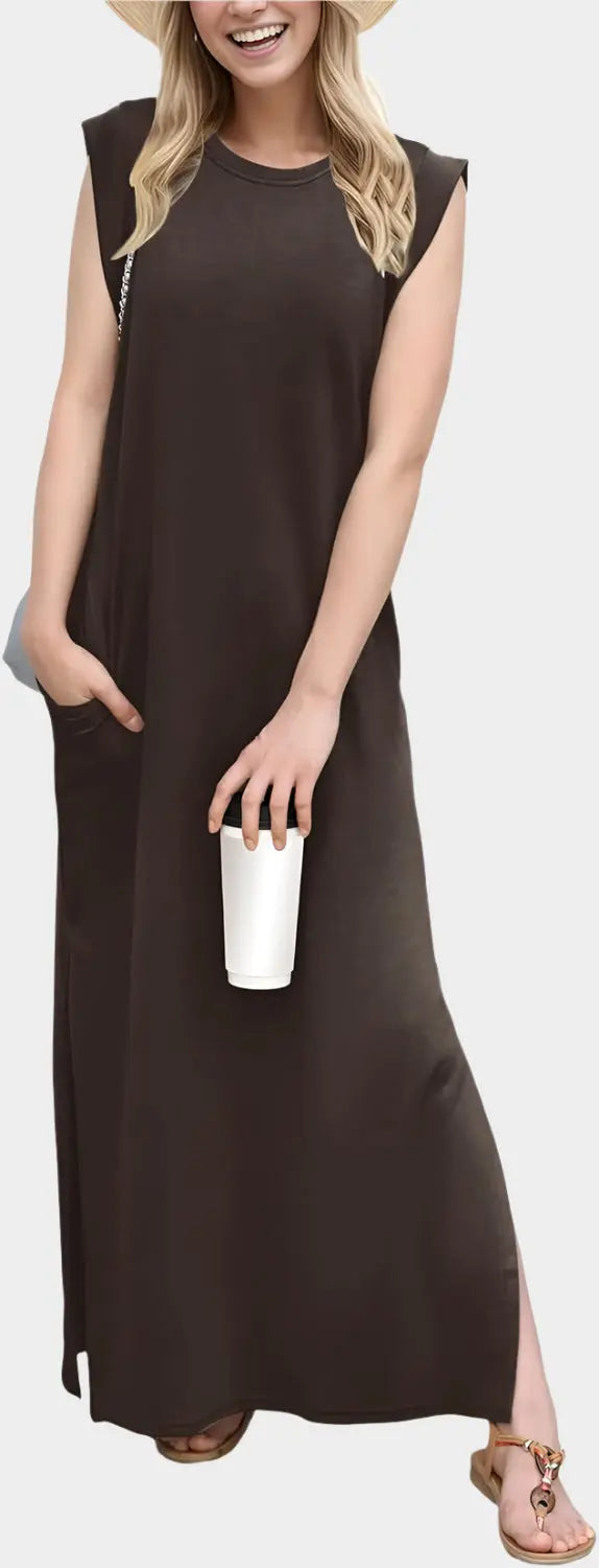 2025 Women Year-Round Casual Round Neck Loose Split Wrinkle-Free Long Maxi Vacation Dress with Pockets Jasmine's Boutique Australia