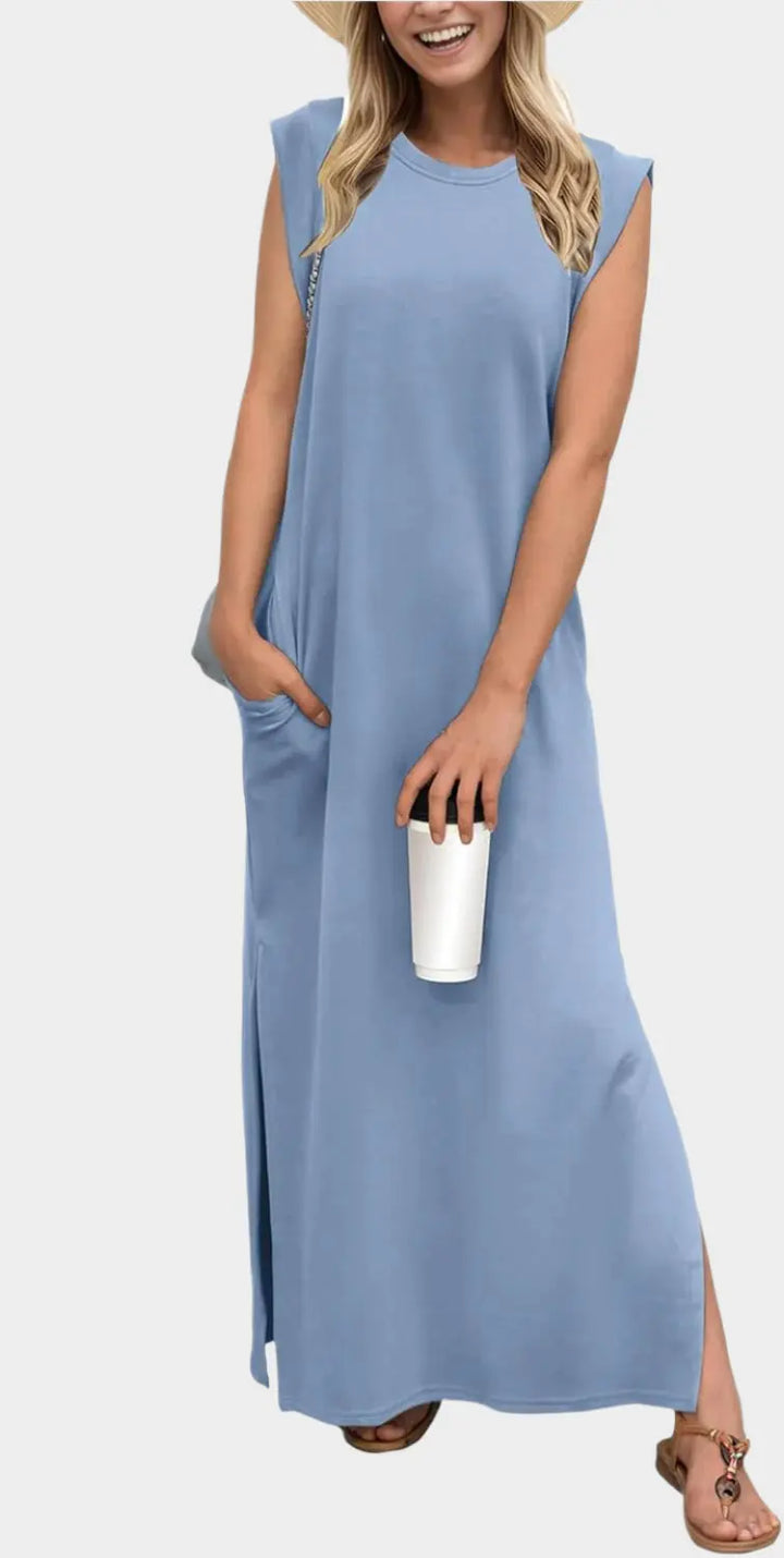 2025 Women Year-Round Casual Round Neck Loose Split Wrinkle-Free Long Maxi Vacation Dress with Pockets Jasmine's Boutique Australia