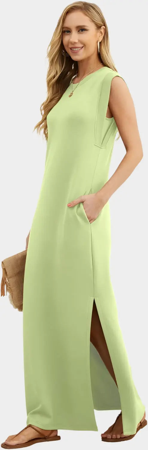 2025 Women Year-Round Casual Round Neck Loose Split Wrinkle-Free Long Maxi Vacation Dress with Pockets Jasmine's Boutique Australia
