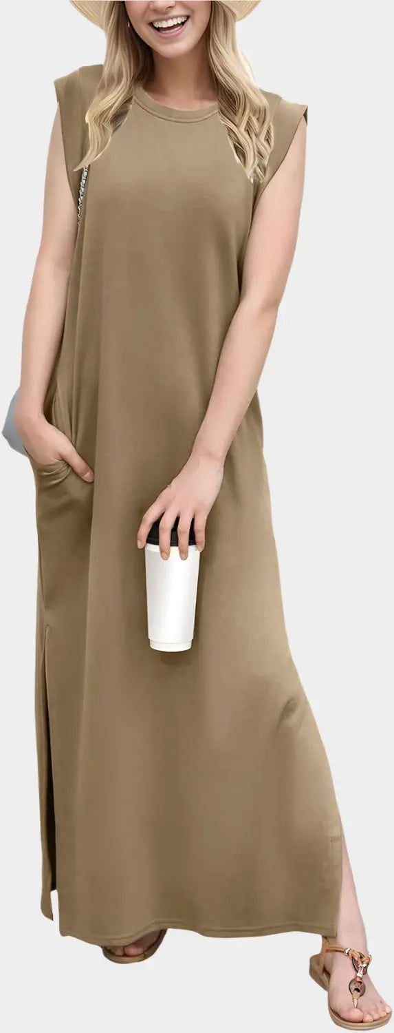 2025 Women Year-Round Casual Round Neck Loose Split Wrinkle-Free Long Maxi Vacation Dress with Pockets Jasmine's Boutique Australia