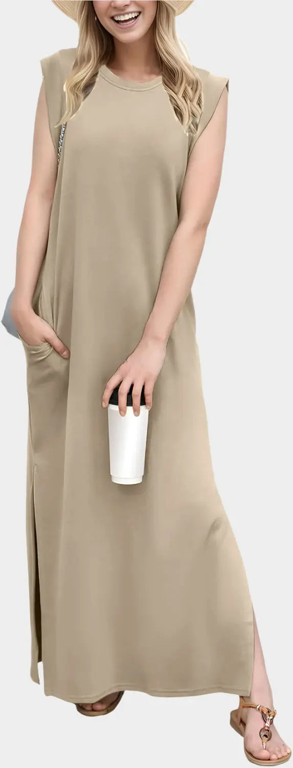 2025 Women Year-Round Casual Round Neck Loose Split Wrinkle-Free Long Maxi Vacation Dress with Pockets Jasmine's Boutique Australia
