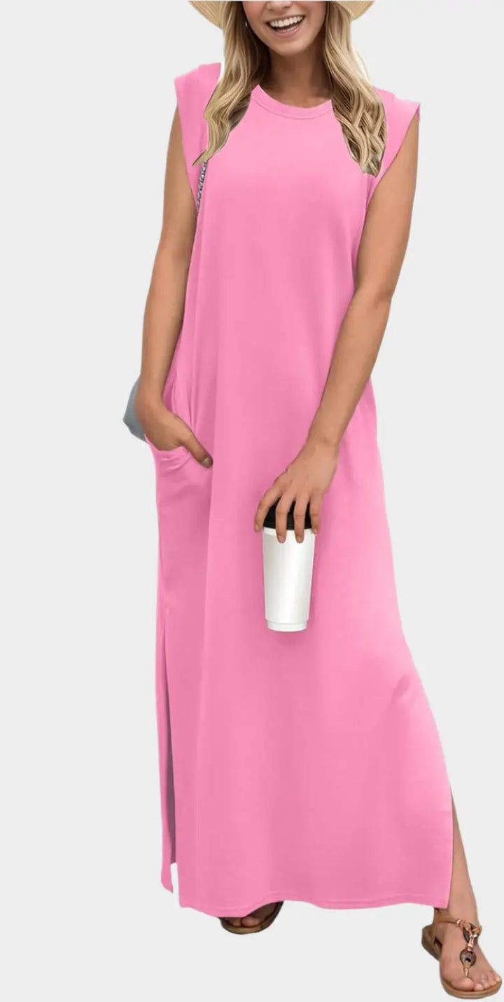 2025 Women Year-Round Casual Round Neck Loose Split Wrinkle-Free Long Maxi Vacation Dress with Pockets Jasmine's Boutique Australia