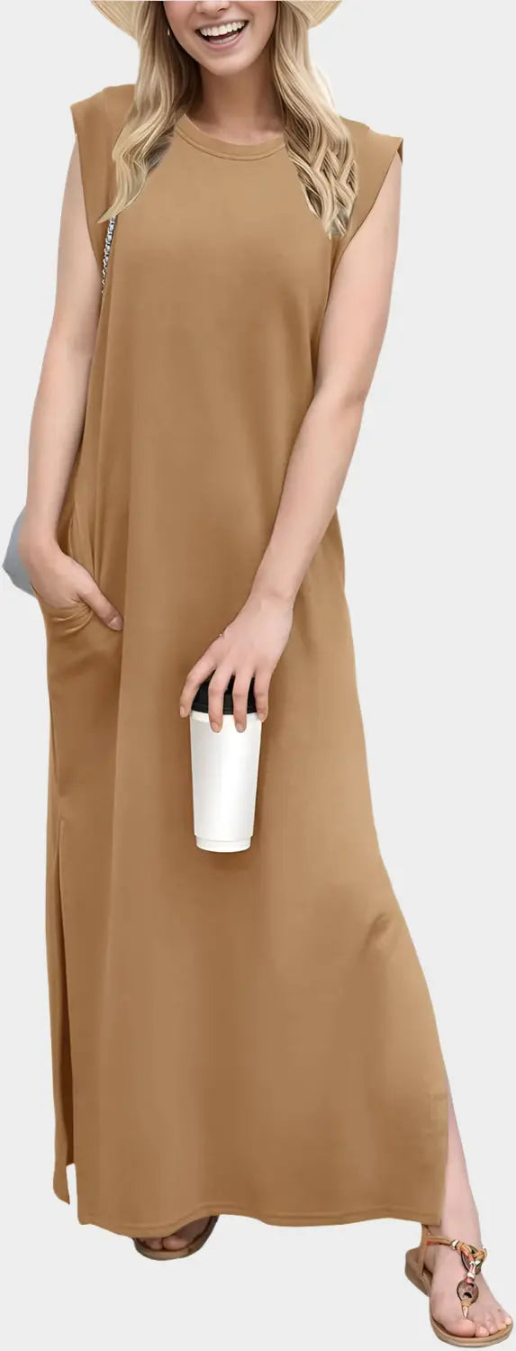 2025 Women Year-Round Casual Round Neck Loose Split Wrinkle-Free Long Maxi Vacation Dress with Pockets Jasmine's Boutique Australia