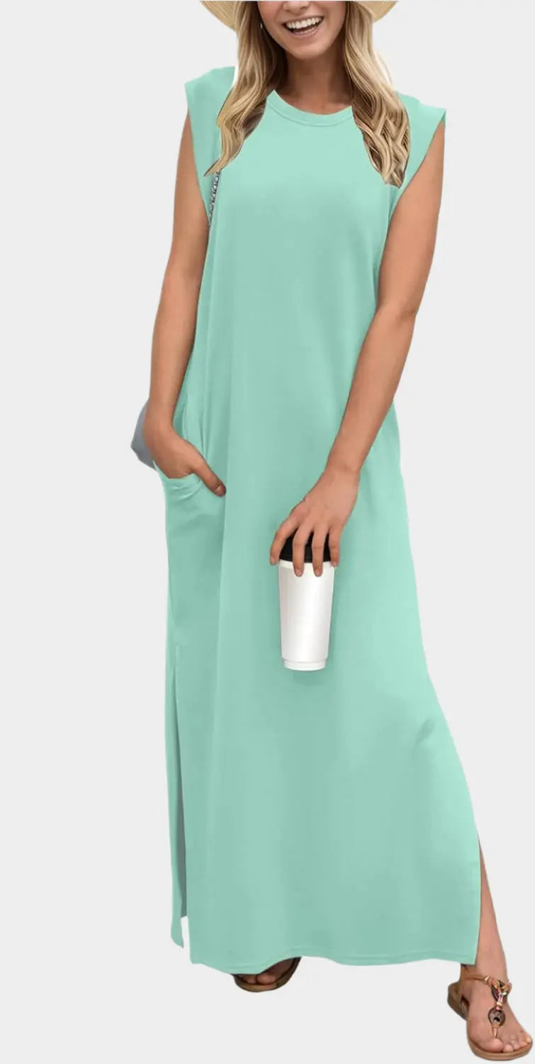 2025 Women Year-Round Casual Round Neck Loose Split Wrinkle-Free Long Maxi Vacation Dress with Pockets Jasmine's Boutique Australia