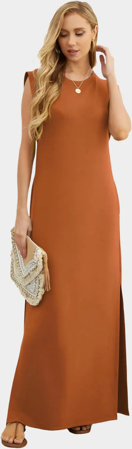 2025 Women Year-Round Casual Round Neck Loose Split Wrinkle-Free Long Maxi Vacation Dress with Pockets Jasmine's Boutique Australia