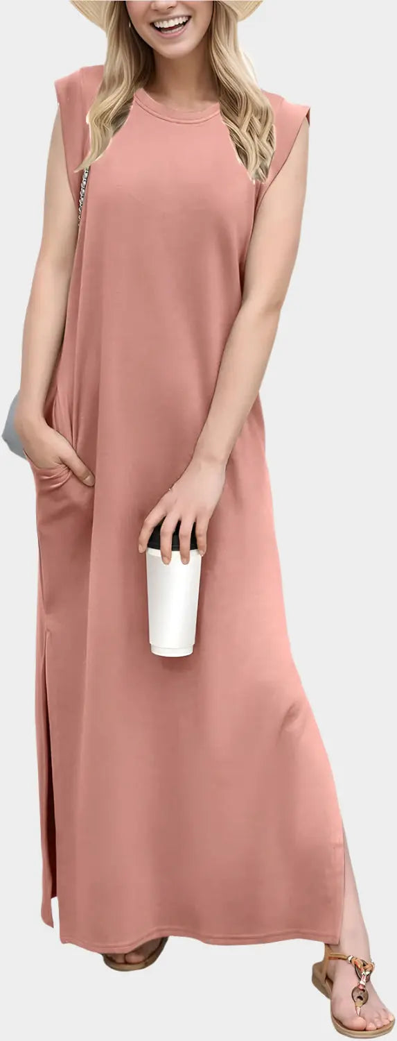 2025 Women Year-Round Casual Round Neck Loose Split Wrinkle-Free Long Maxi Vacation Dress with Pockets Jasmine's Boutique Australia