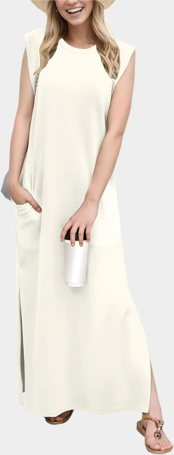 2025 Women Year-Round Casual Round Neck Loose Split Wrinkle-Free Long Maxi Vacation Dress with Pockets Jasmine's Boutique Australia