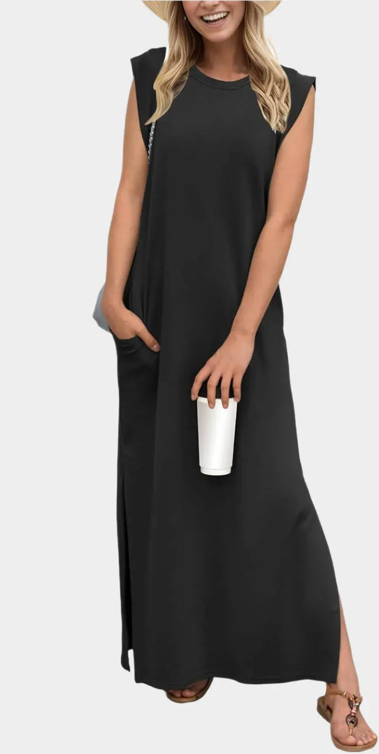 2025 Women Year-Round Casual Round Neck Loose Split Wrinkle-Free Long Maxi Vacation Dress with Pockets Jasmine's Boutique Australia