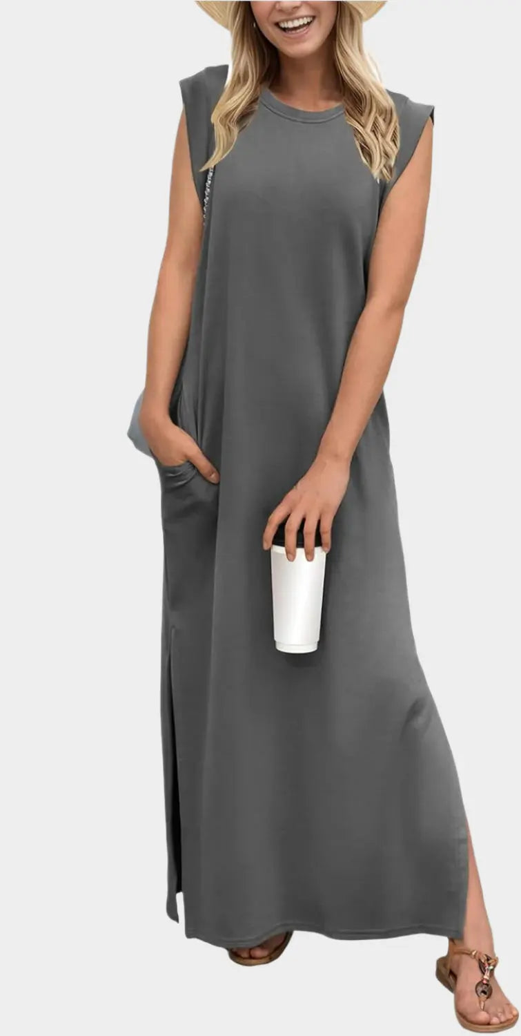 2025 Women Year-Round Casual Round Neck Loose Split Wrinkle-Free Long Maxi Vacation Dress with Pockets Jasmine's Boutique Australia