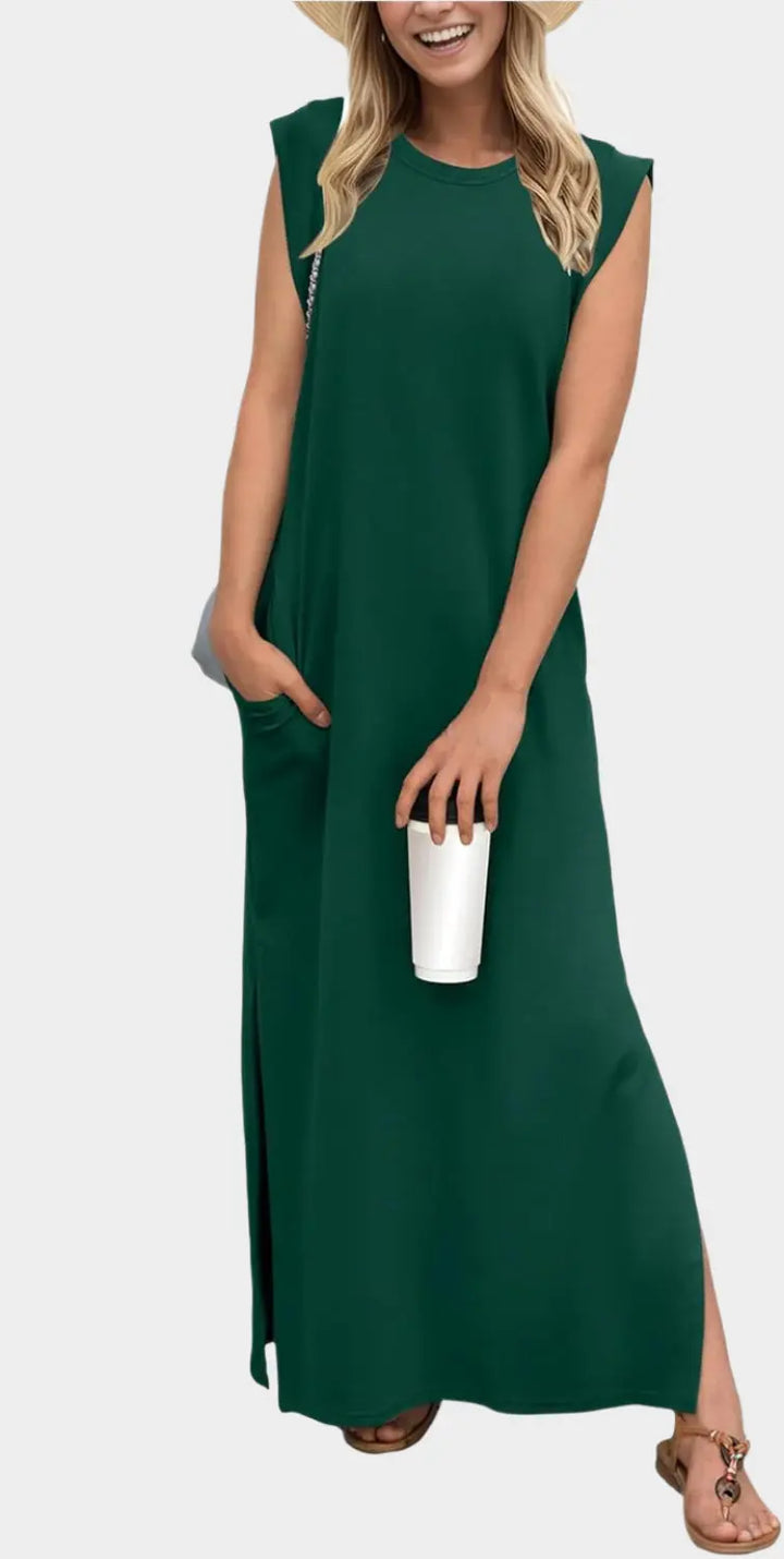 2025 Women Year-Round Casual Round Neck Loose Split Wrinkle-Free Long Maxi Vacation Dress with Pockets Jasmine's Boutique Australia