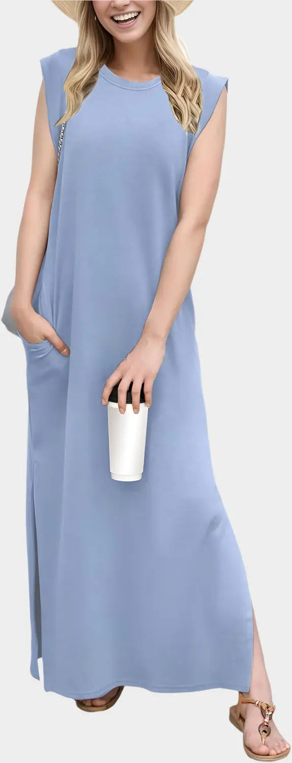 2025 Women Year-Round Casual Round Neck Loose Split Wrinkle-Free Long Maxi Vacation Dress with Pockets Jasmine's Boutique Australia