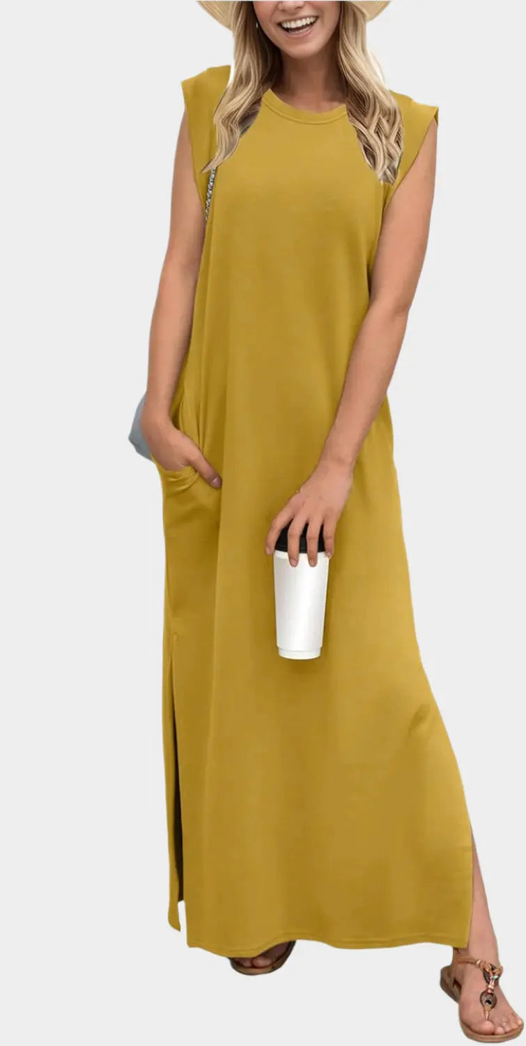 2025 Women Year-Round Casual Round Neck Loose Split Wrinkle-Free Long Maxi Vacation Dress with Pockets Jasmine's Boutique Australia