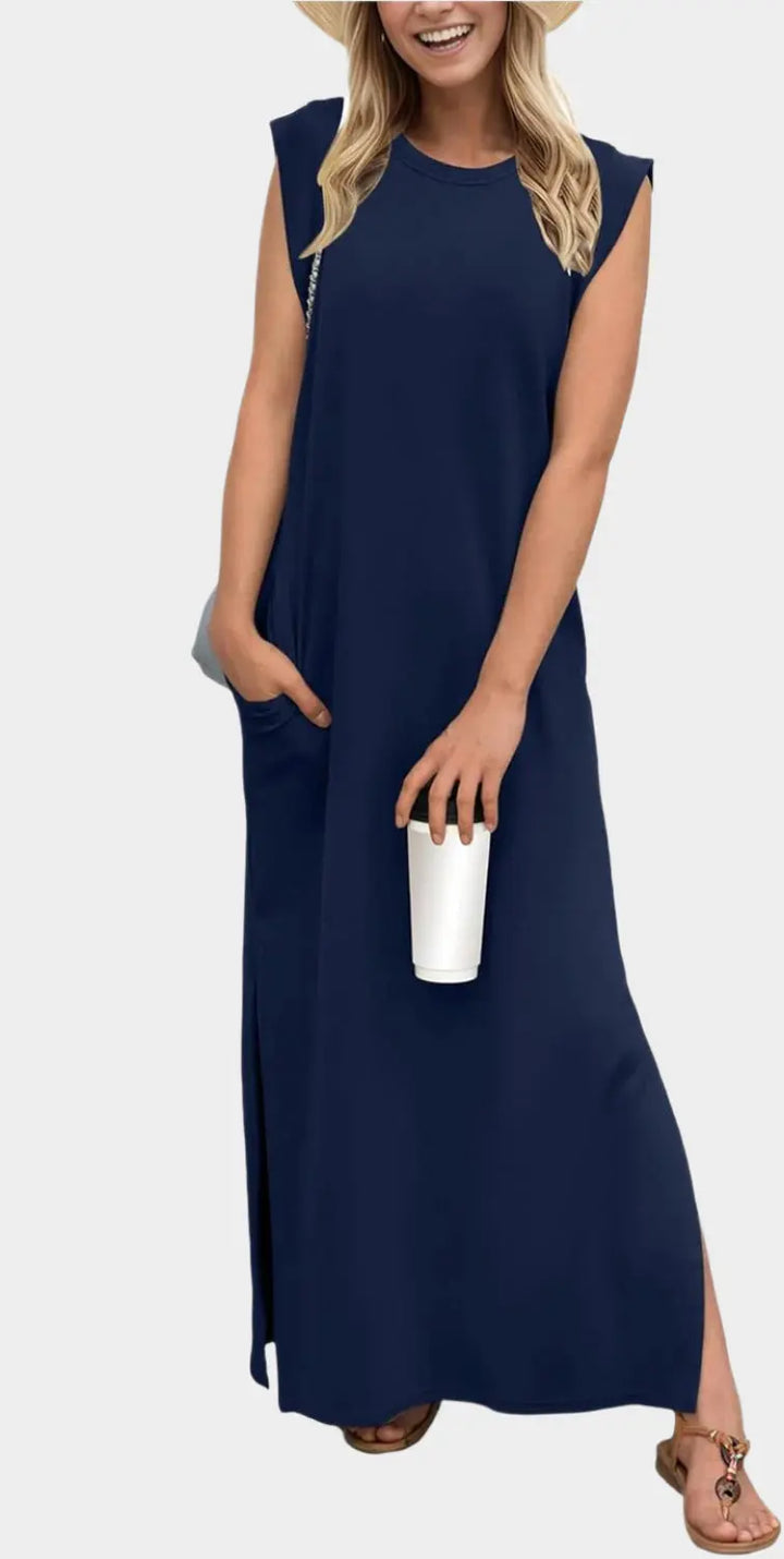 2025 Women Year-Round Casual Round Neck Loose Split Wrinkle-Free Long Maxi Vacation Dress with Pockets Jasmine's Boutique Australia