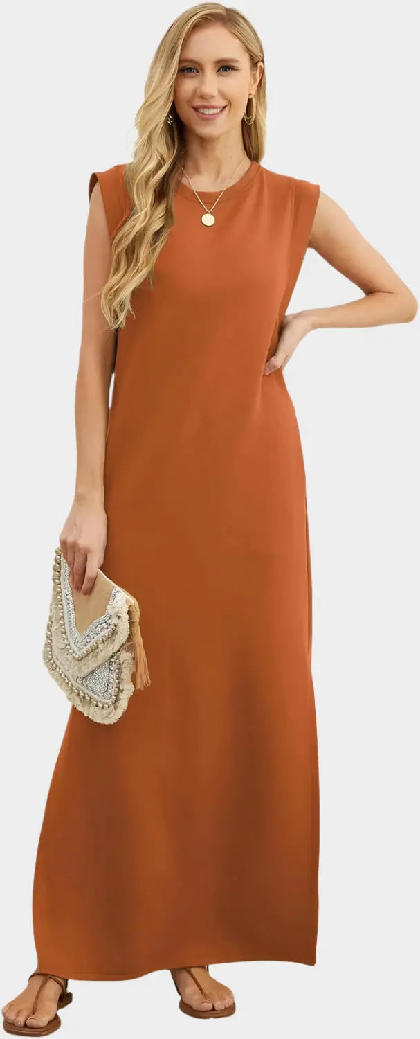 2025 Women Year-Round Casual Round Neck Loose Split Wrinkle-Free Long Maxi Vacation Dress with Pockets Jasmine's Boutique Australia