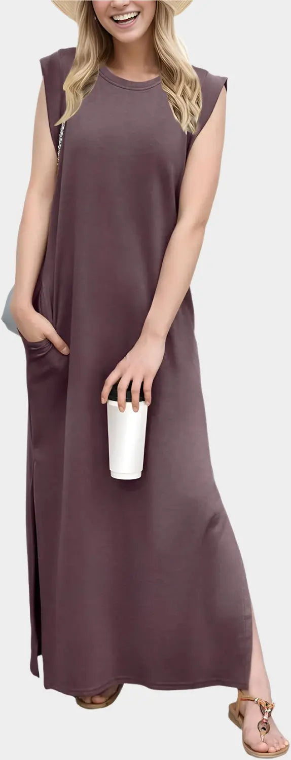 2025 Women Year-Round Casual Round Neck Loose Split Wrinkle-Free Long Maxi Vacation Dress with Pockets Jasmine's Boutique Australia