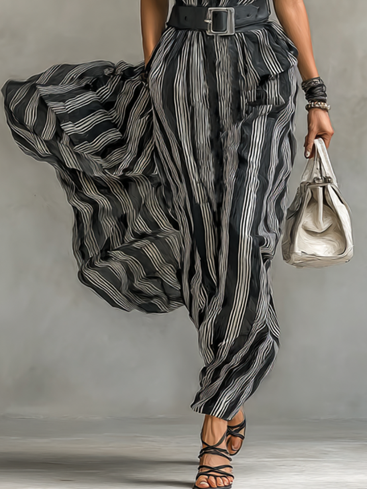 Maxi Striped Chiffon Dress with Collar and Short Sleeves for Women with Belt Jasmine's Boutique Australia