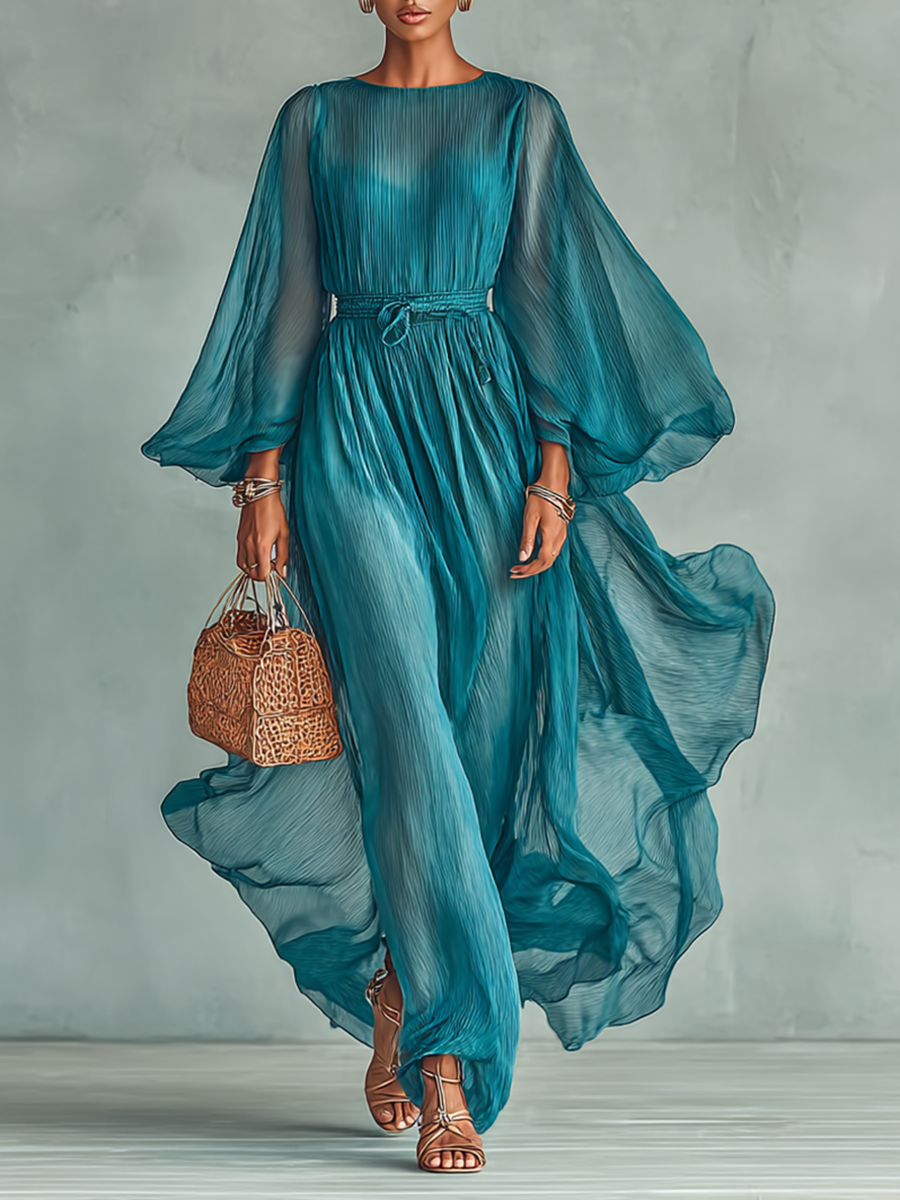 Maxi Chiffon Dress with Round Neck and Long Sleeves for Women, with Adjustable Waist Jasmine's Boutique Australia