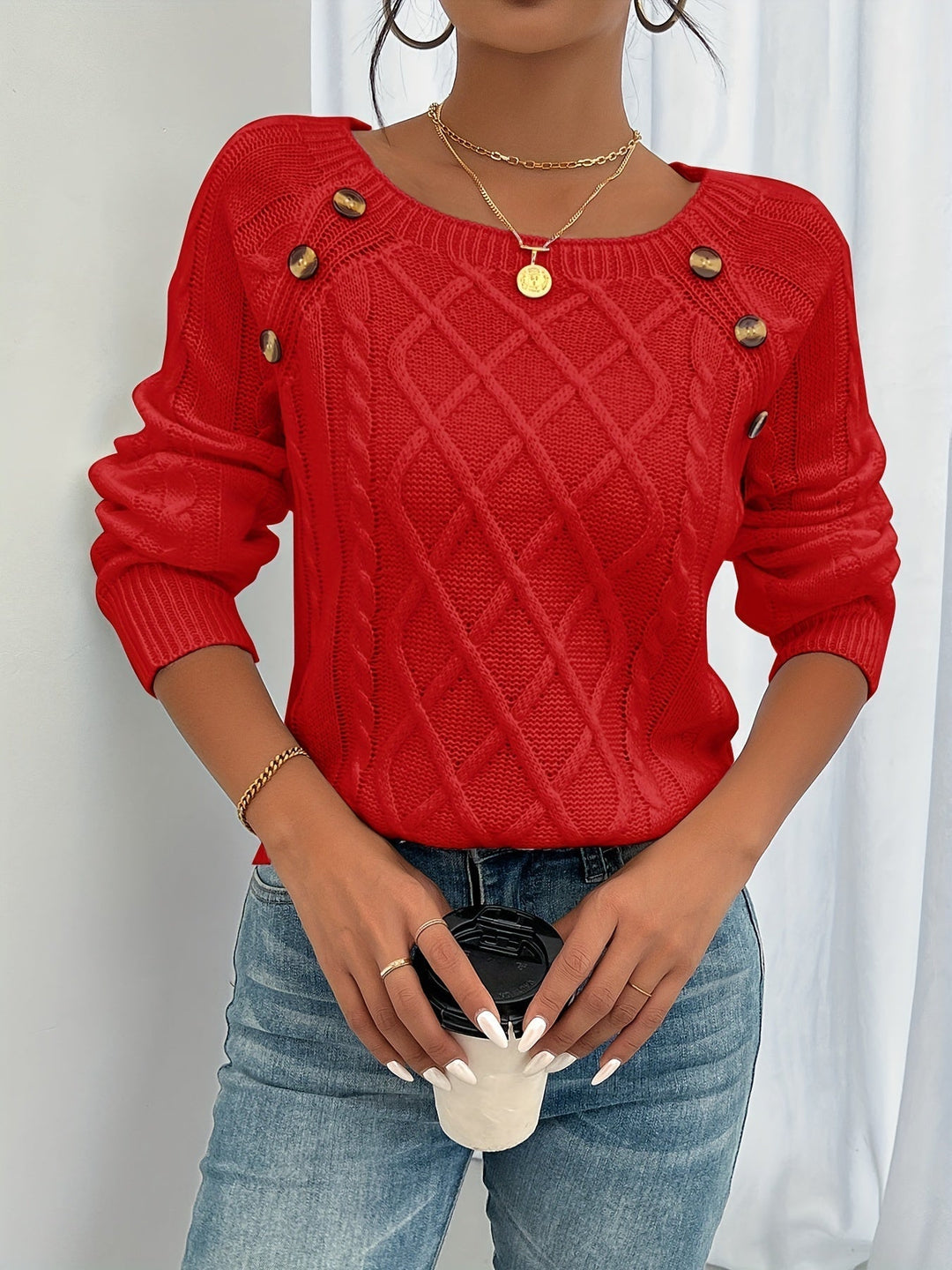 Bella | Cable Knit Jumper  Liora Lane Boutique  Red / UK 18-20 (2XL) 39.95