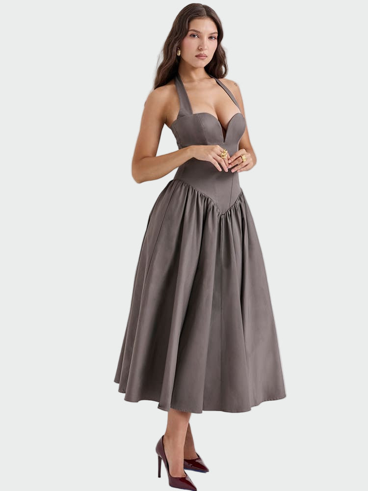 Elissara™ | Smoky Grey Halter Neck Midi Dress Jasmine's Boutique Australia