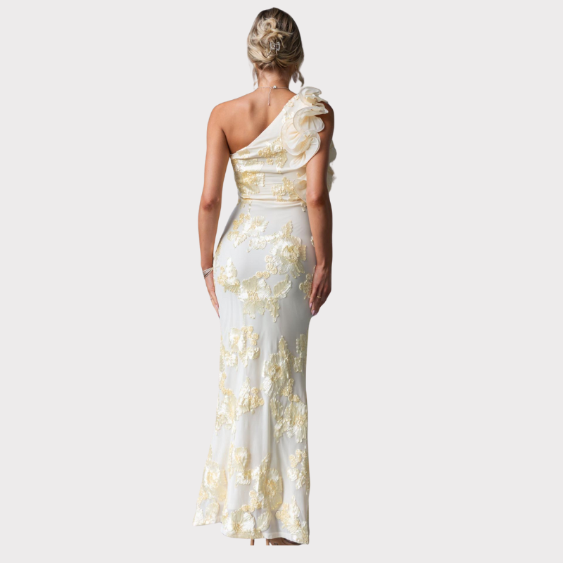 Celeste | One-Shoulder Embroidered Mesh Maxi Dress Liora Lane Boutique