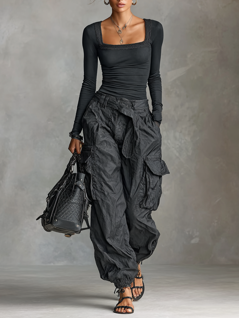 Two-Piece Set Long Sleeve T-Shirt with Square Neck and Multi-Pocket Cargo Pants Jasmine's Boutique Australia